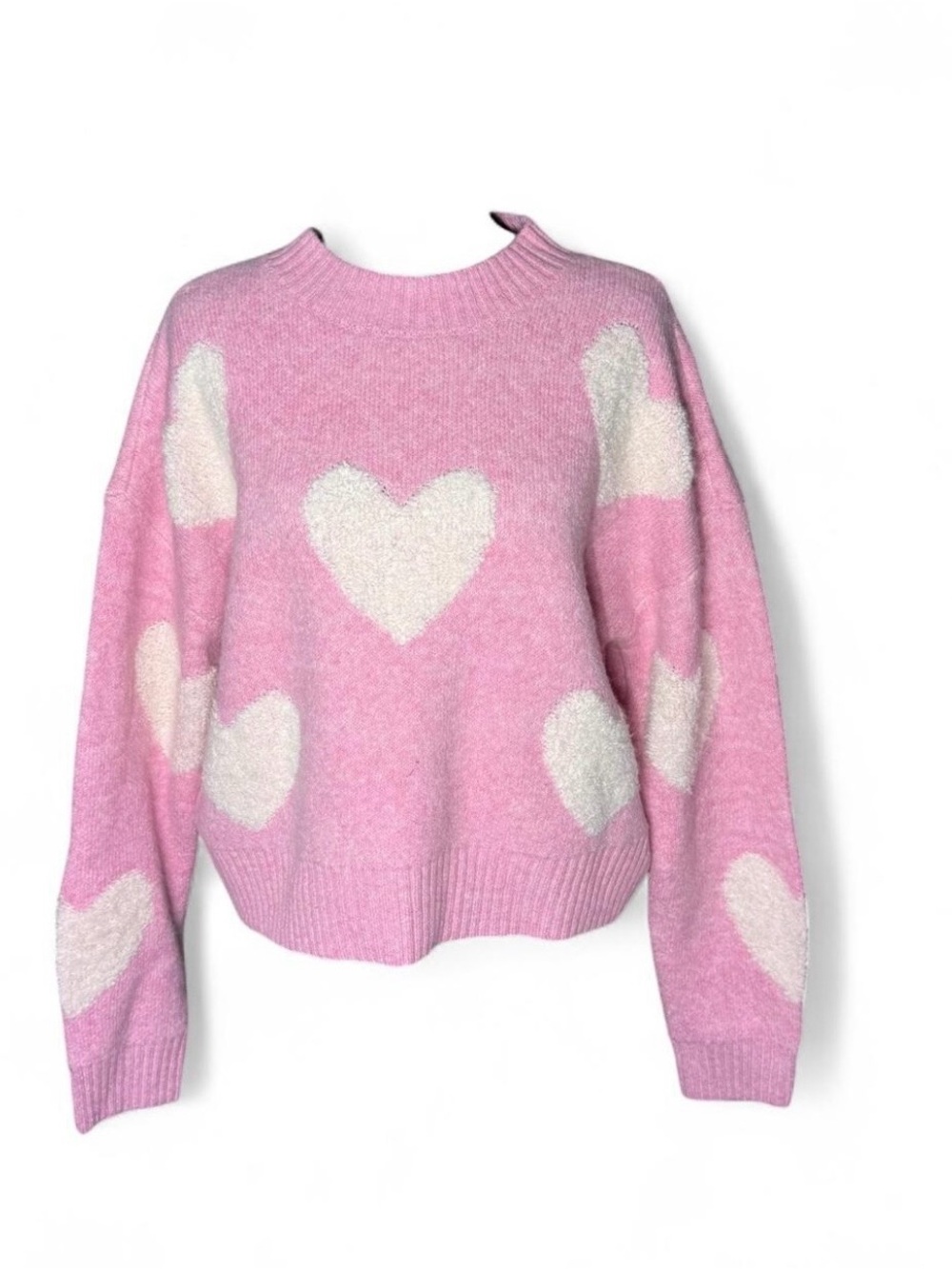 LUSH Pink Plush Heart Knit Crewneck Sweater Size Small